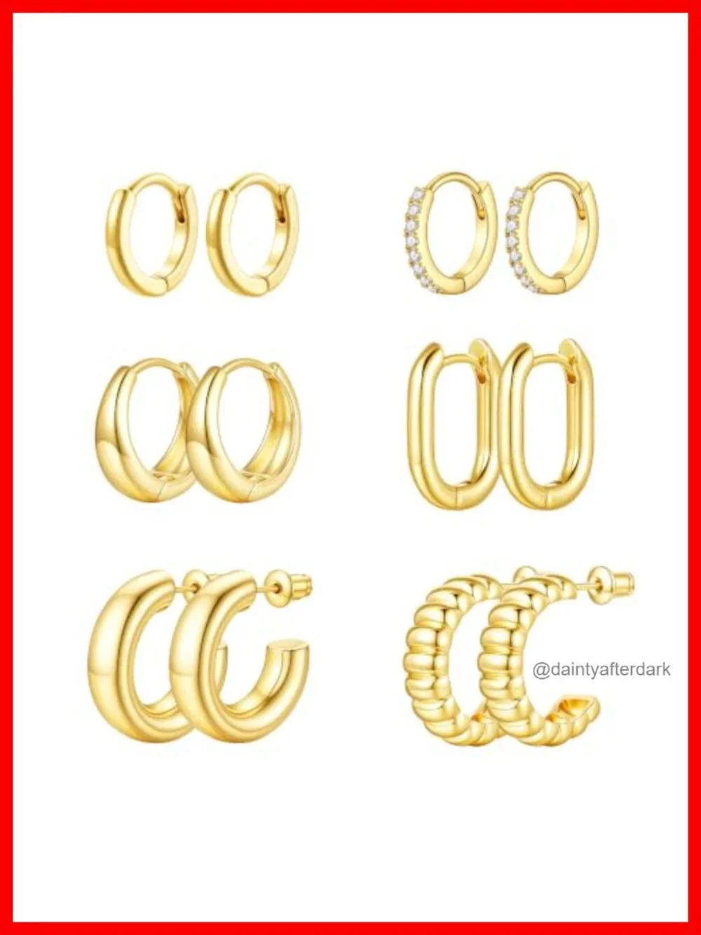 14K Gold Plated Hypoallergenic Chunky Hoop Earrings Set 6 Pairs Women